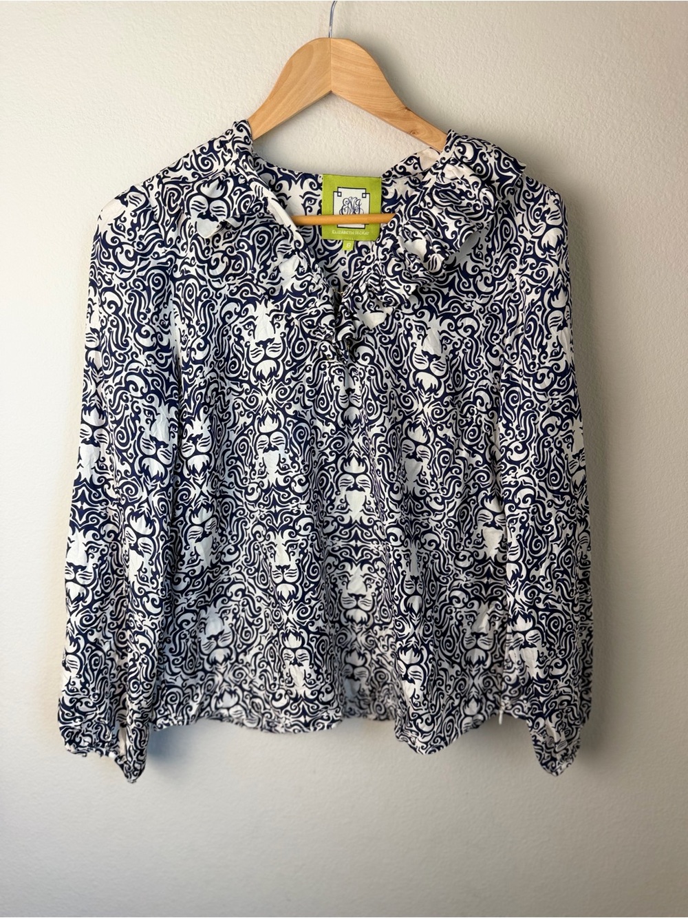 Elizabeth McKay Navy & White Lion-Print Ruffle Blouse